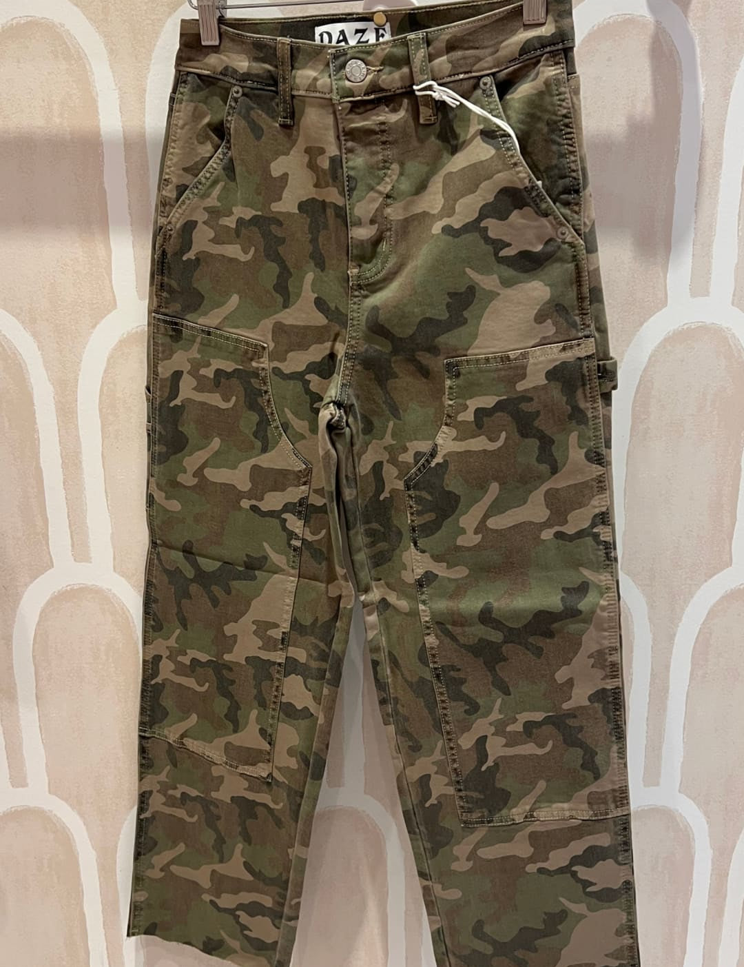 Camo-patterned work pants.