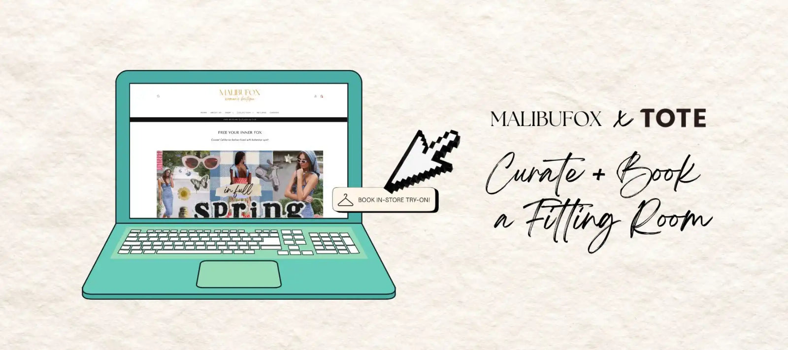 A teal laptop displaying an online clothing store, with a mouse cursor pointing to a ’BOOK IN-STORE TRY-ON’ button.