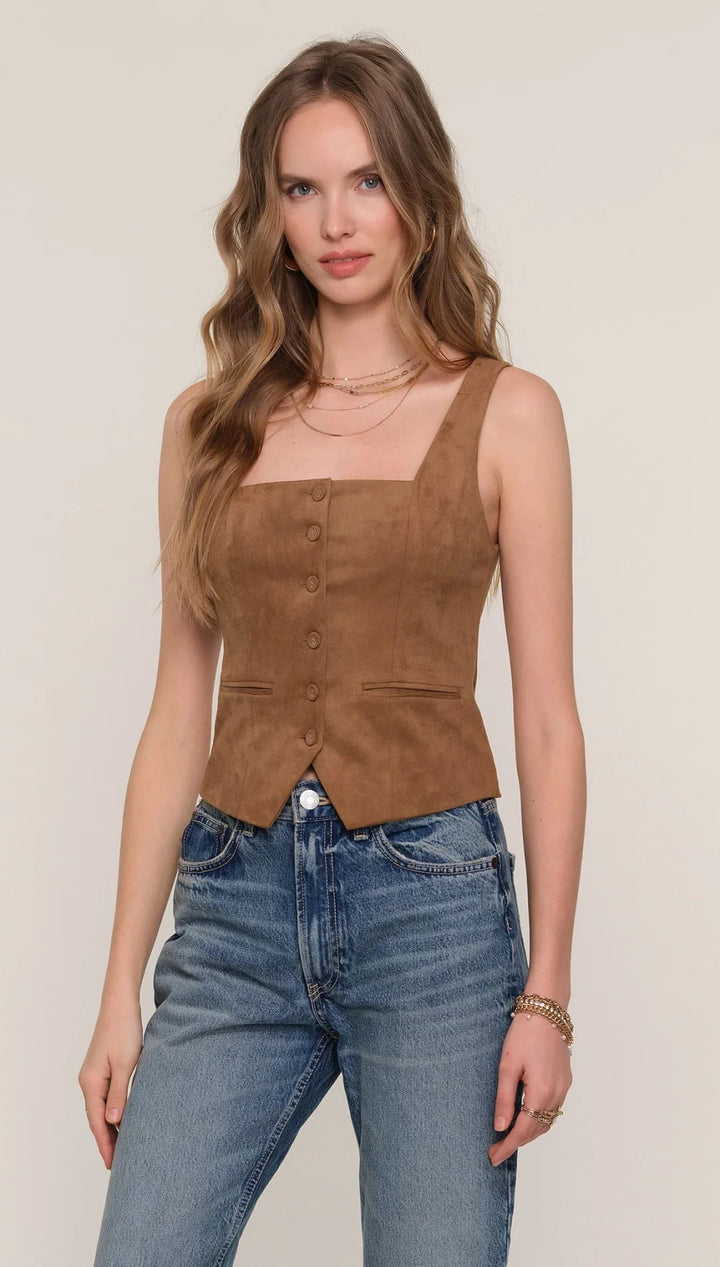 Brown suede-like square-neck button-front vest top.