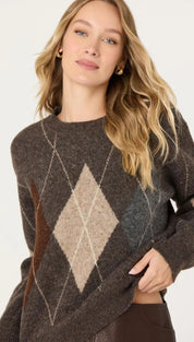 A cozy, dark brown argyle sweater with a textured knit and subtle beige diamond pattern.