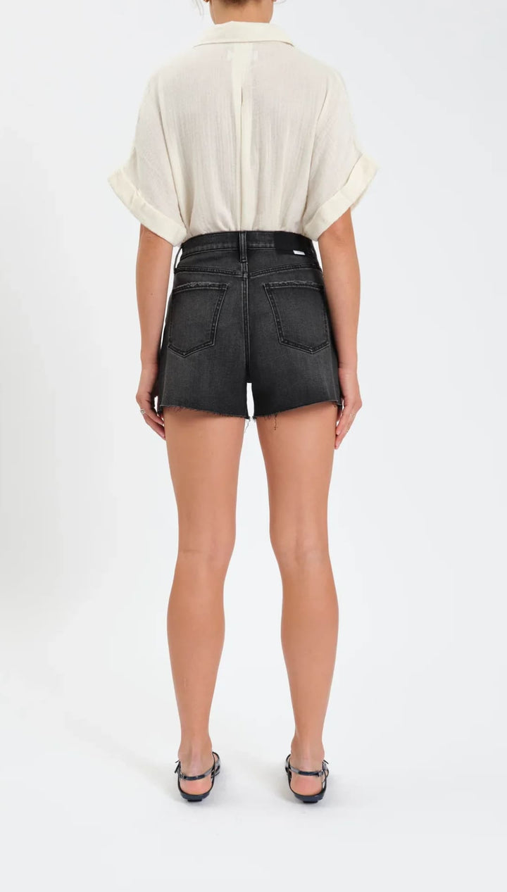 Black denim high-waisted shorts with back pockets.