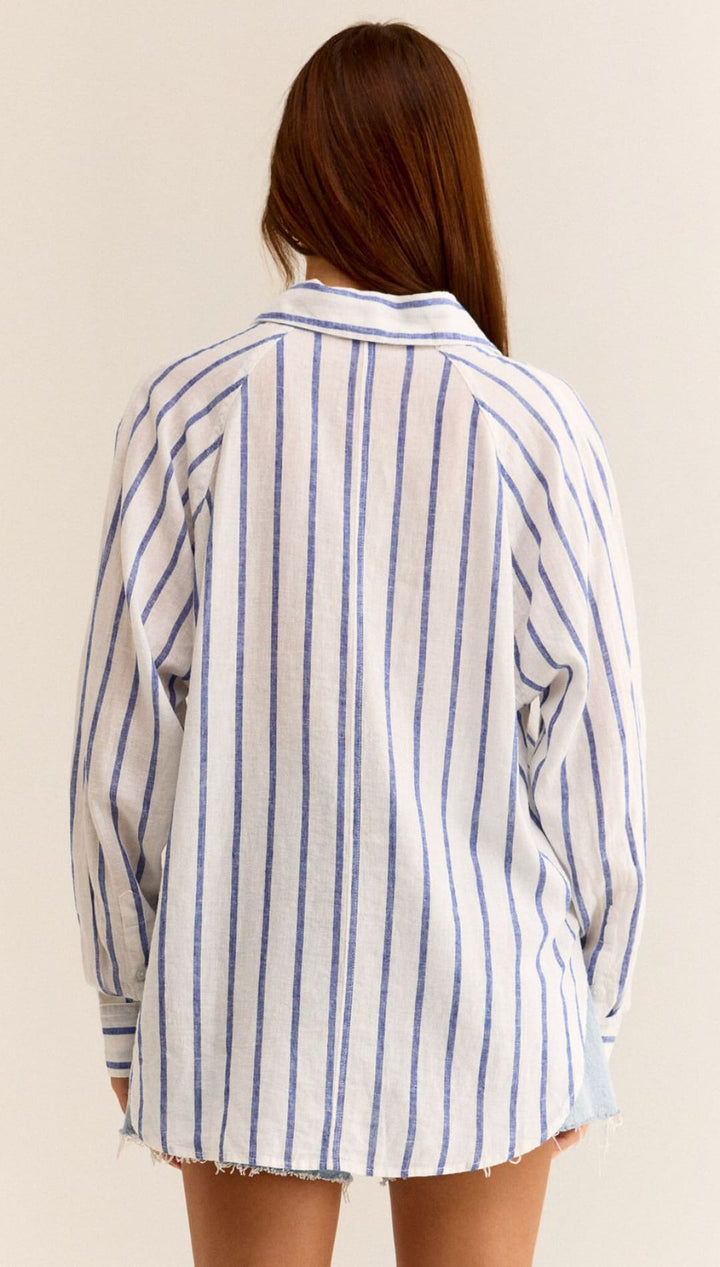 Striped, long-sleeved shirt.