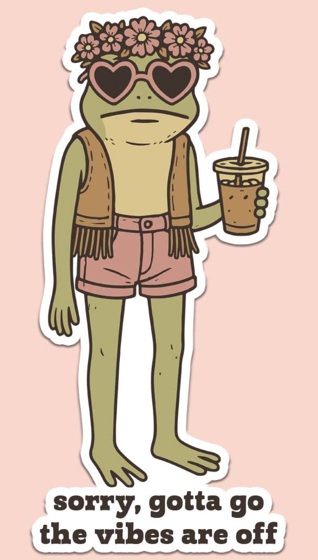 Frog sticker with heart-shaped sunglasses and floral crown, holding a drink.