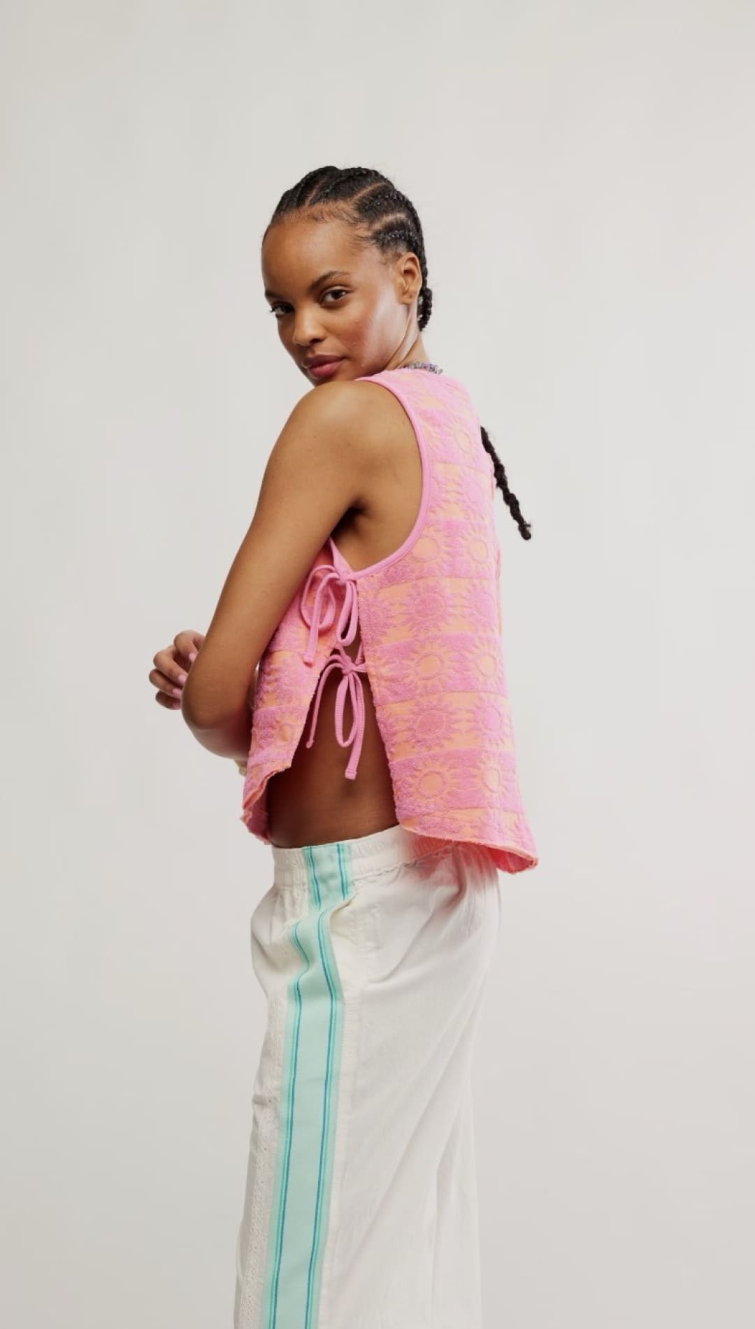 Pink tie-side tank top.