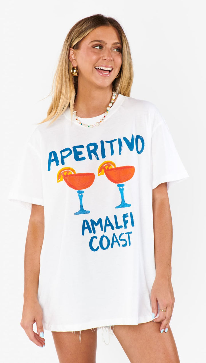 White t-shirt with cocktail graphic.