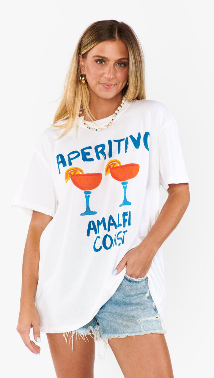 White t-shirt with cocktail graphic.