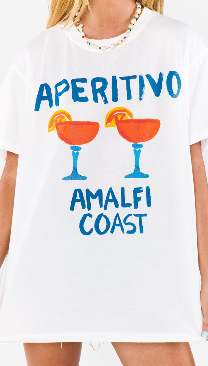 White t-shirt with cocktail graphic.
