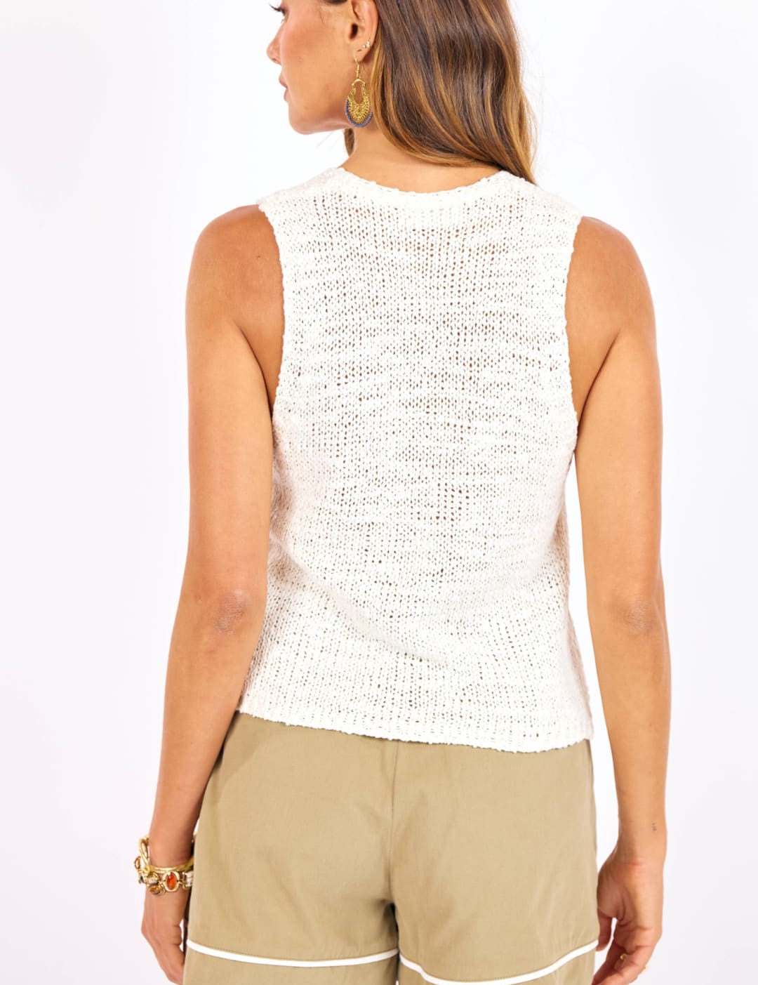 White textured knit sleeveless top
