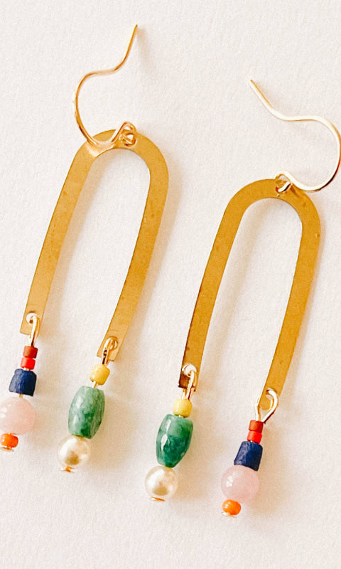 Turquoise Gem Brass and Fair Trade Arch Earrings with Beads - 260 Jewelry