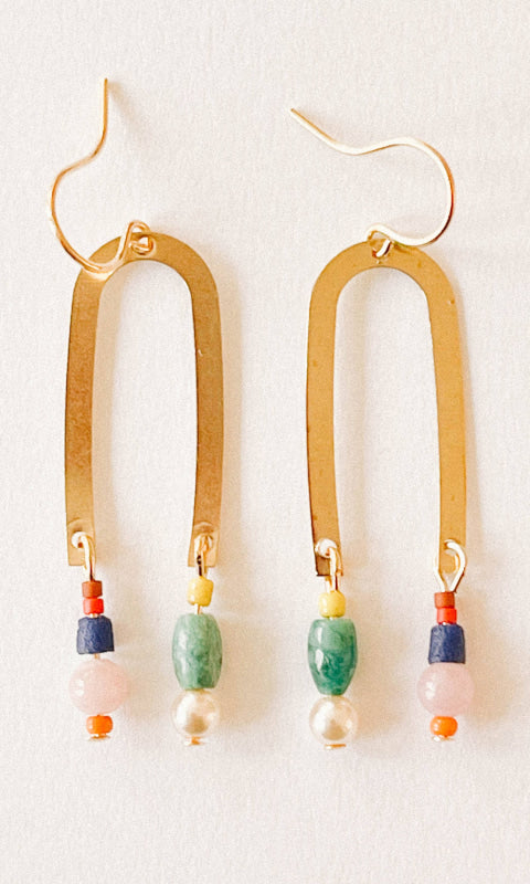 Turquoise Gem Brass and Fair Trade Arch Earrings with Beads - 260 Jewelry