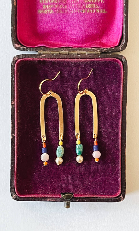 Turquoise Gem Brass and Fair Trade Arch Earrings with Beads - 260 Jewelry