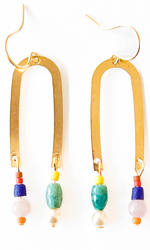 Turquoise Gem Brass and Fair Trade Arch Earrings with Beads - 260 Jewelry