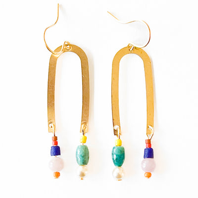 Turquoise Gem Brass and Fair Trade Arch Earrings with Beads - 260 Jewelry