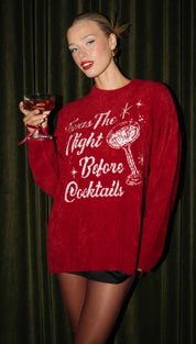 Red velvet sweater with ’toss the night before cocktails’ design and cocktail glass illustration.
