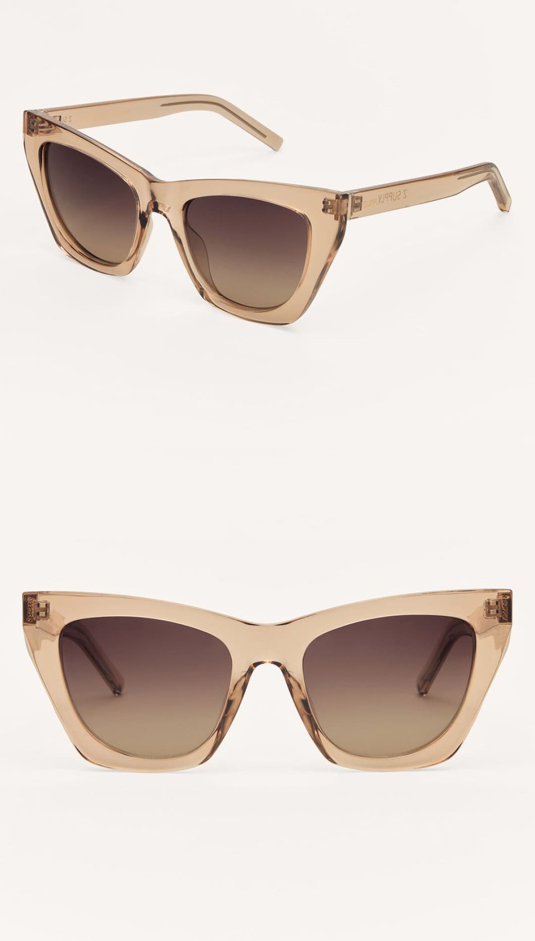 Translucent nude cat-eye sunglasses with dark brown gradient lenses