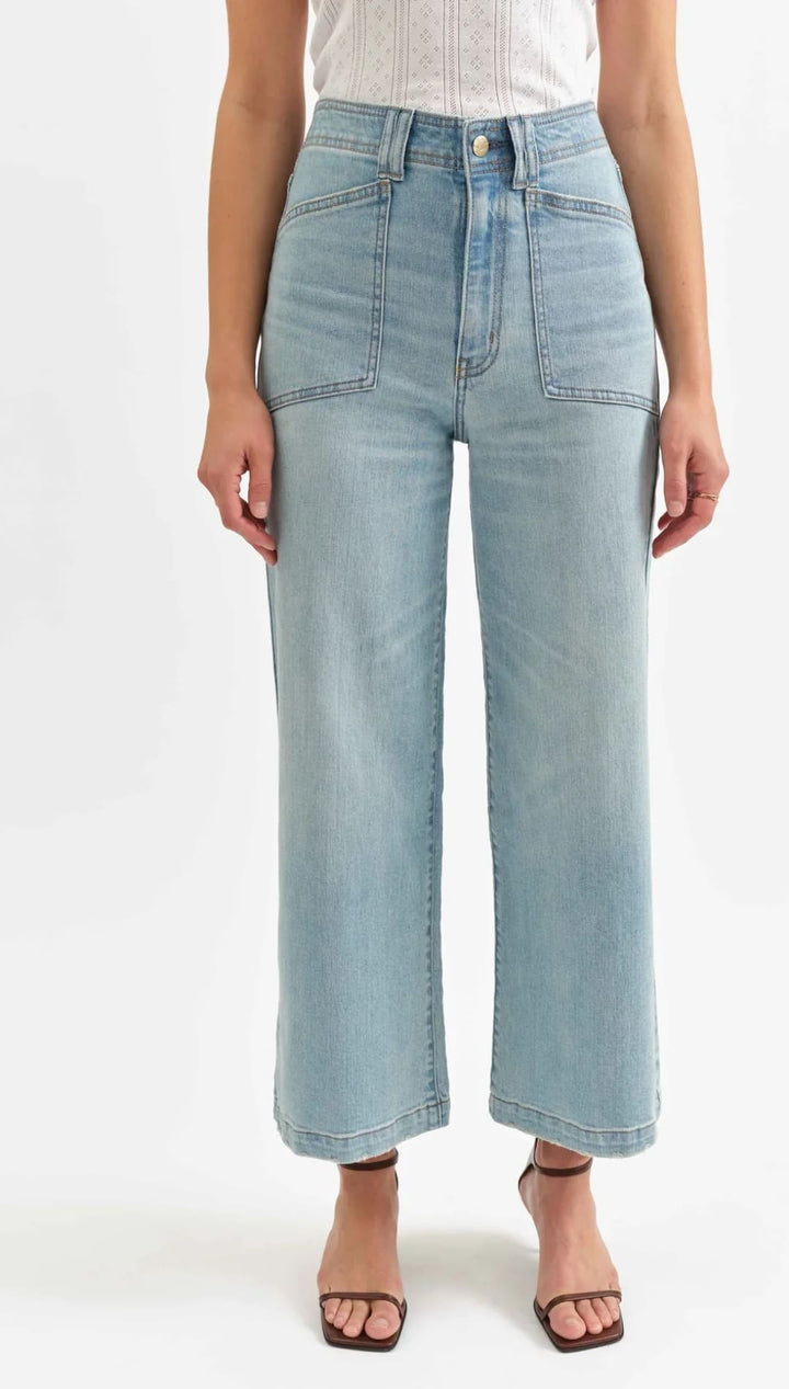 Light blue high-waisted wide-leg cropped jeans with front patch pockets.