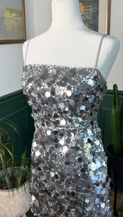 A shimmering silver sequined strapless dress with a fitted bodice and flared skirt, adorned with densely packed circular metallic discs that catch the light.