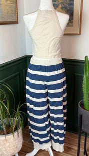 Blue and white horizontally striped wide-leg pants with a ribbed elastic waistband.