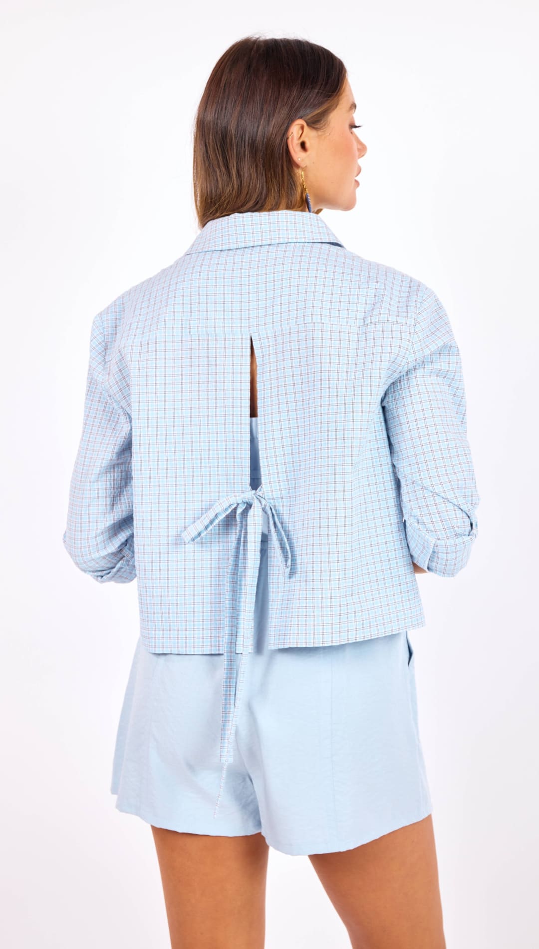 Light blue checkered blazer with a back tie detail