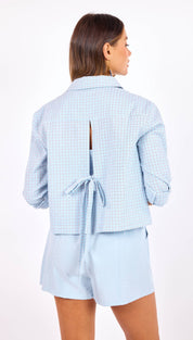 Light blue checkered blazer with a back tie detail