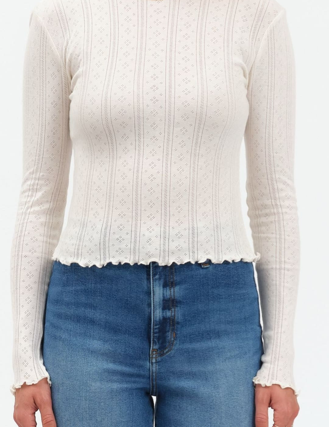White scalloped lace cardigan sweater with long sleeves and ribbed texture.