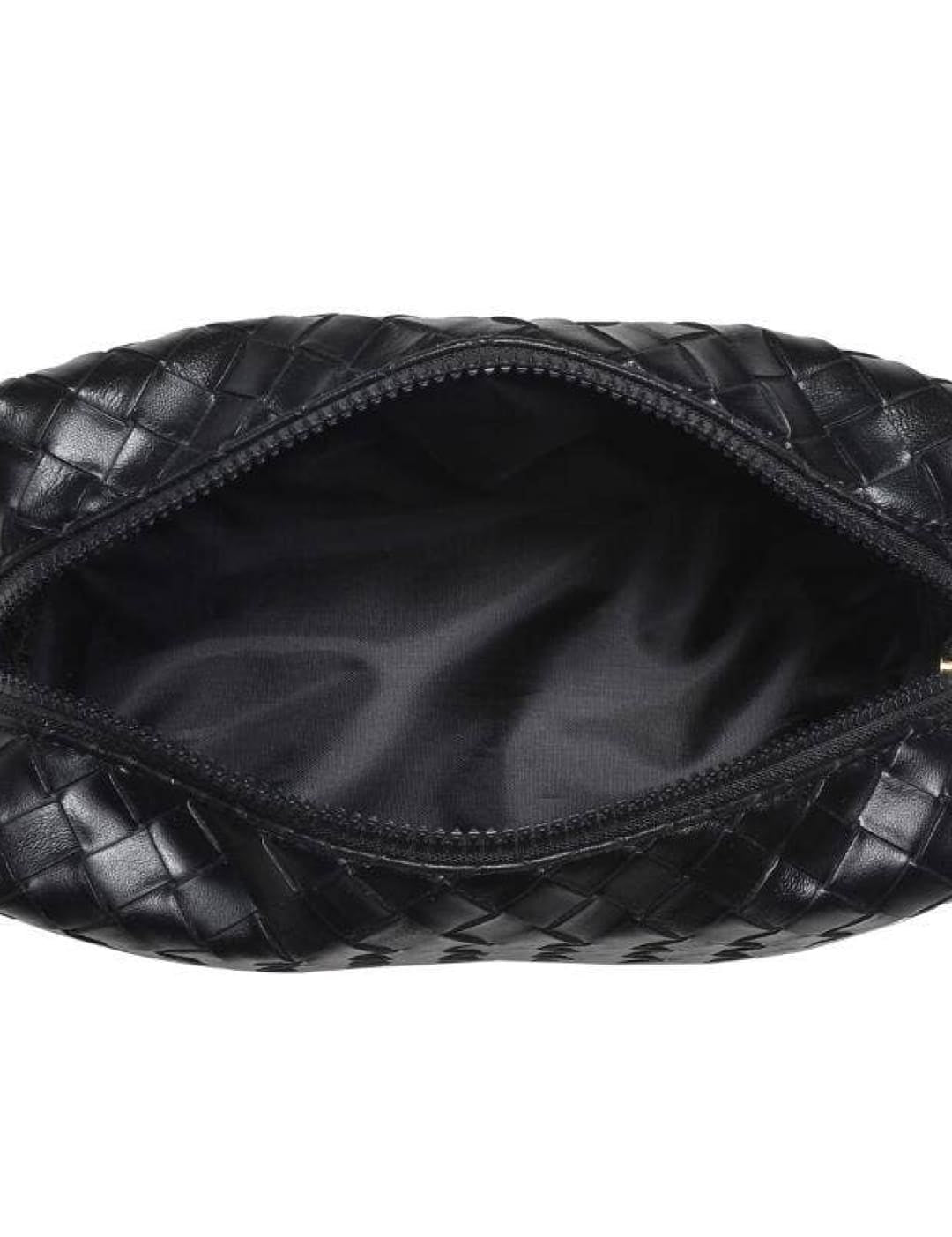 Black quilted leather pouch with zipper closure.
