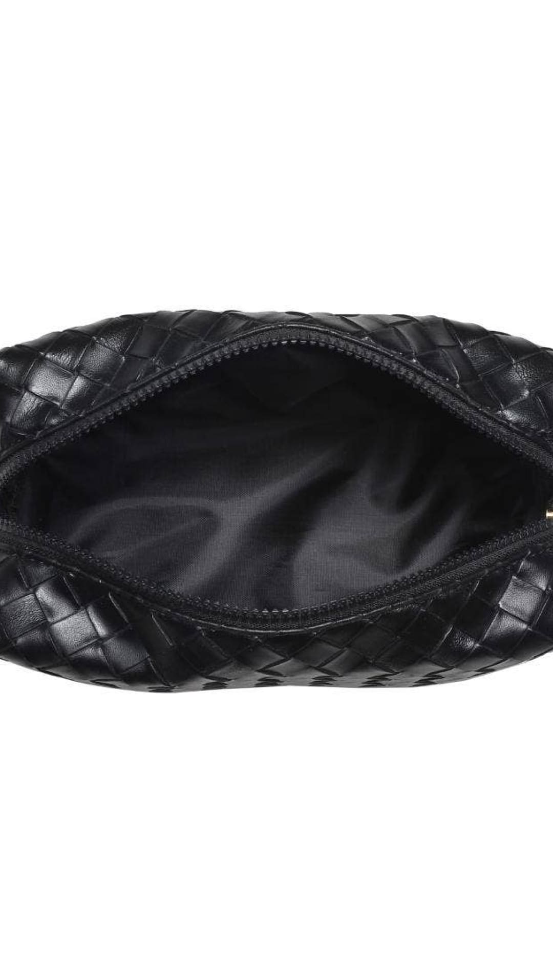 Black quilted leather pouch with zipper closure.