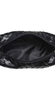 Black quilted leather pouch with zipper closure.