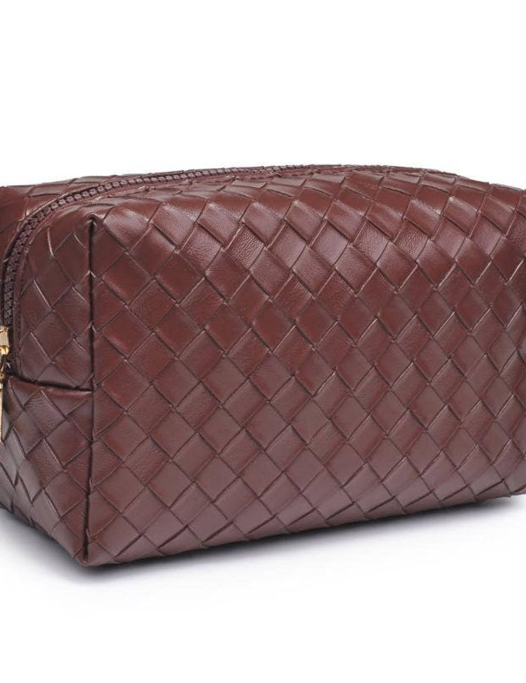 Bottega veneta burgundy woven leather cosmetic bag with gold zipper.