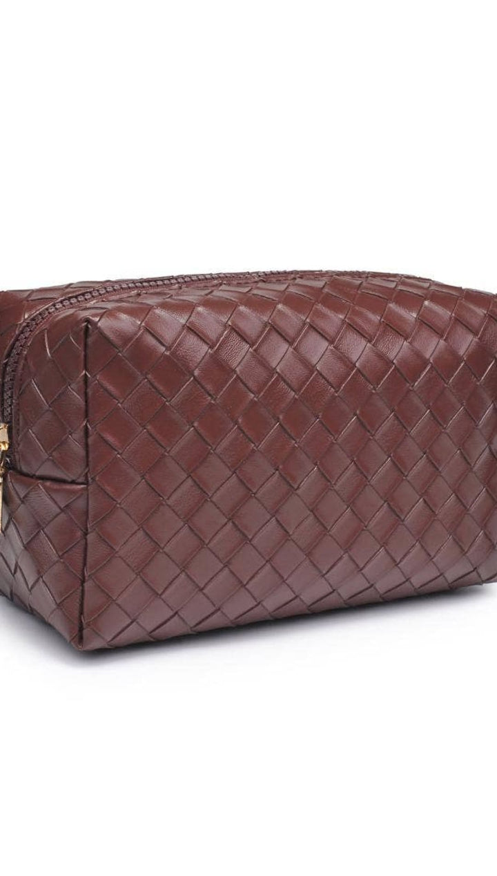 Bottega veneta burgundy woven leather cosmetic bag with gold zipper.