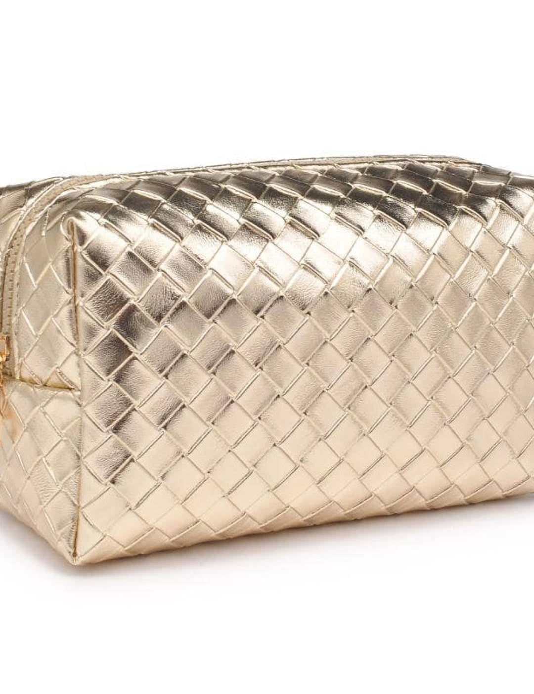 Gold woven leather cosmetic bag with zipper closure.
