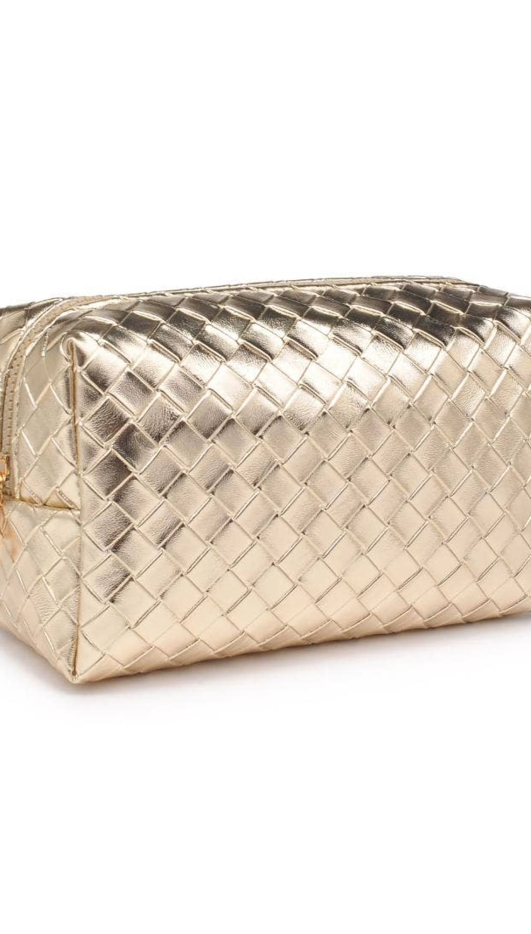 Gold woven leather cosmetic bag with zipper closure.