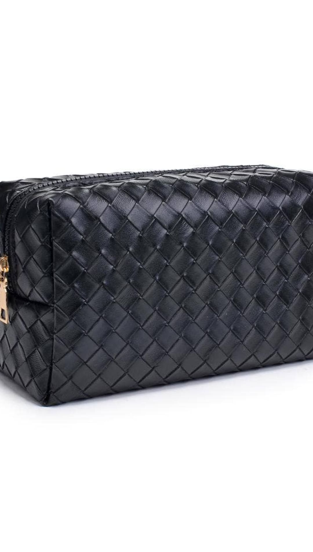 Black woven leather cosmetic bag with gold zipper.