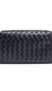 Black woven leather clutch bag with zipper closure, bottega veneta