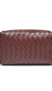 Brown woven leather cosmetic bag with zipper closure, bottega veneta brand.