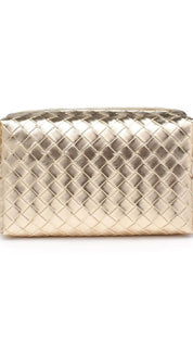 Gold woven leather cosmetic bag with zipper closure.