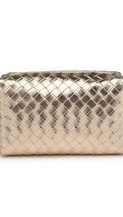 Gold woven leather cosmetic bag with zipper closure.