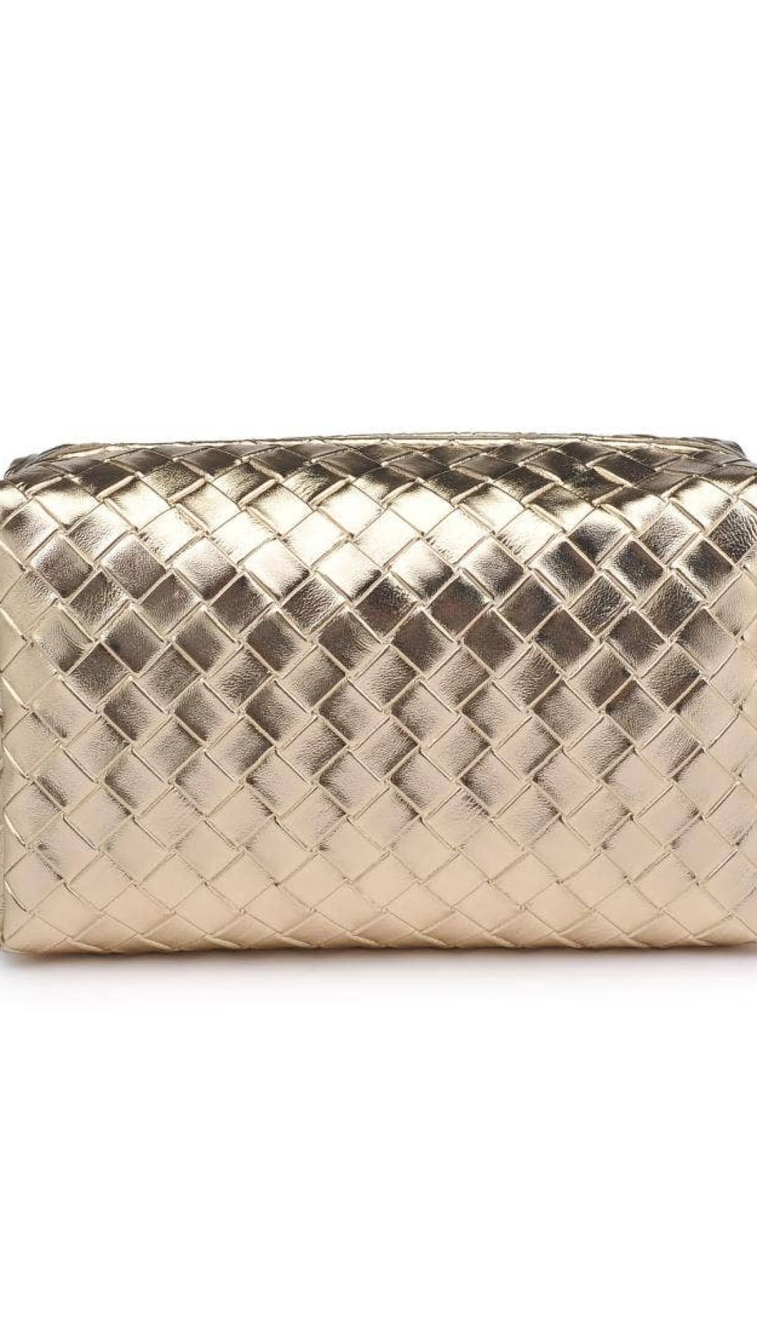 Gold woven leather cosmetic bag with zipper closure.