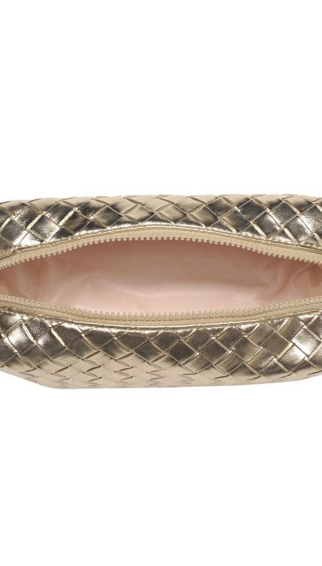 Gold woven patterned clutch purse with zipper closure.