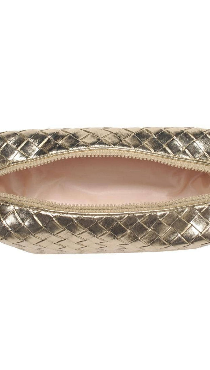 Gold woven patterned clutch purse with zipper closure.