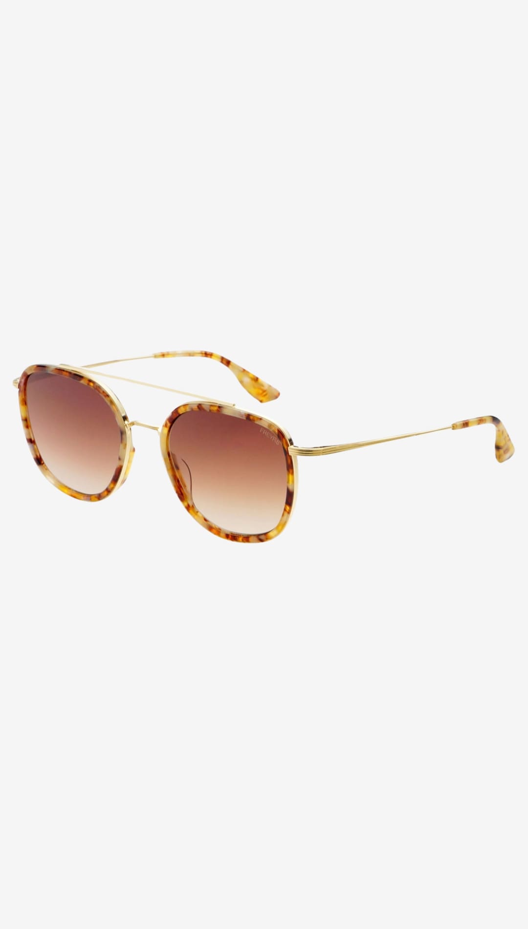Tortoiseshell-patterned acetate sunglasses with gold-tone metal frames and gradient brown lenses.