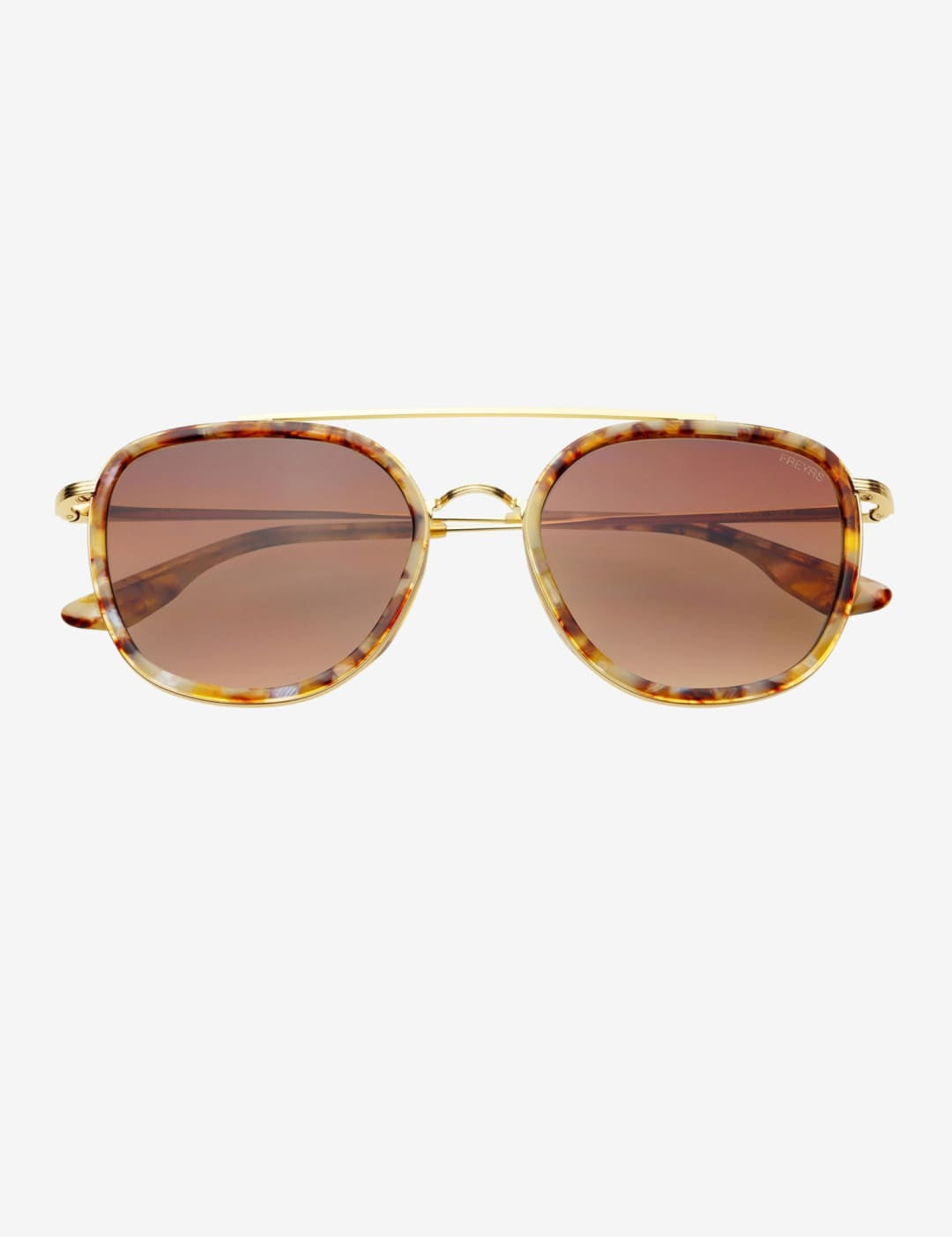 Tortoiseshell-patterned aviator sunglasses with gold-tone metal frames and gradient brown lenses.