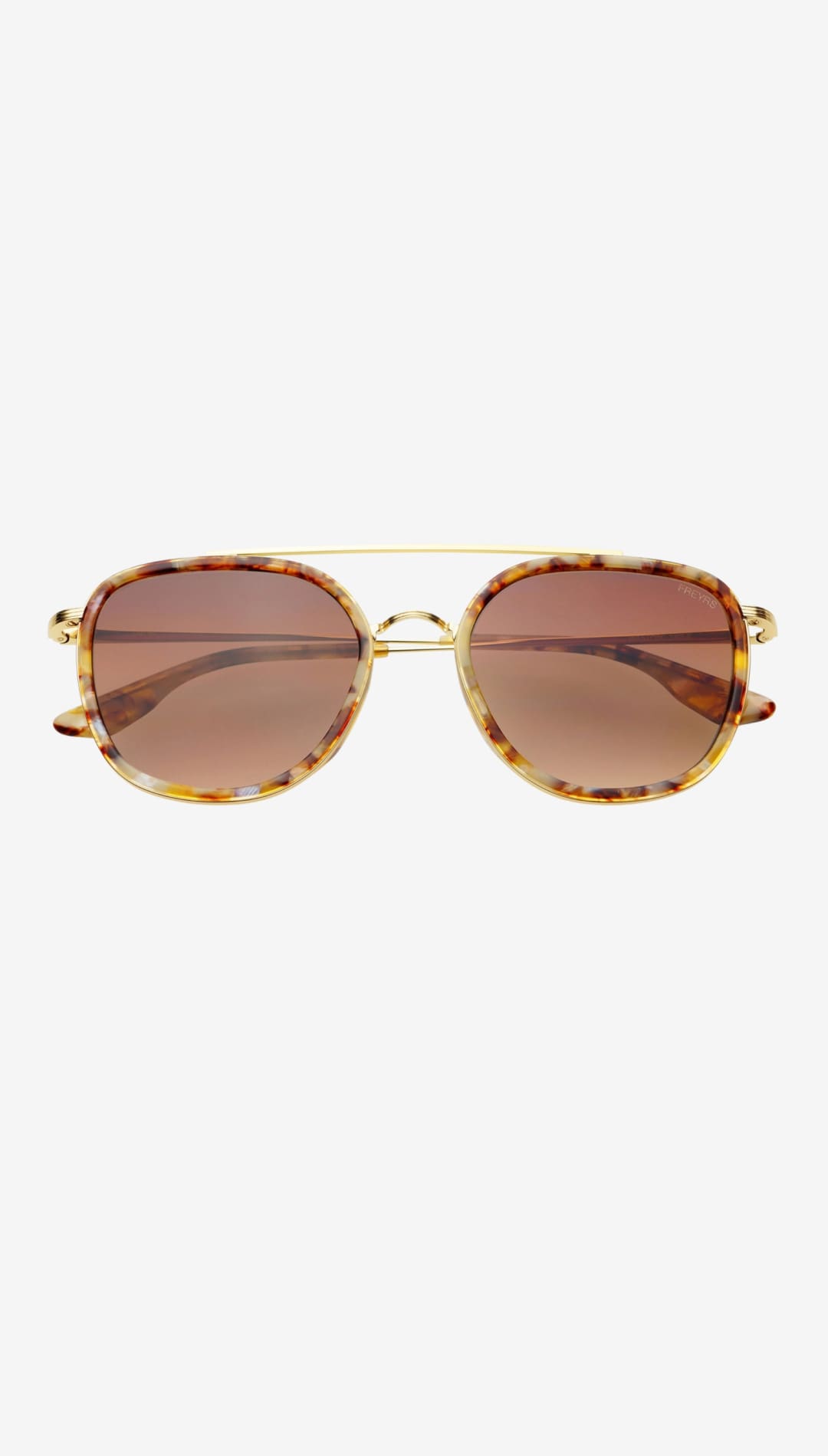 Tortoiseshell-patterned aviator sunglasses with gold-tone metal frames and gradient brown lenses.