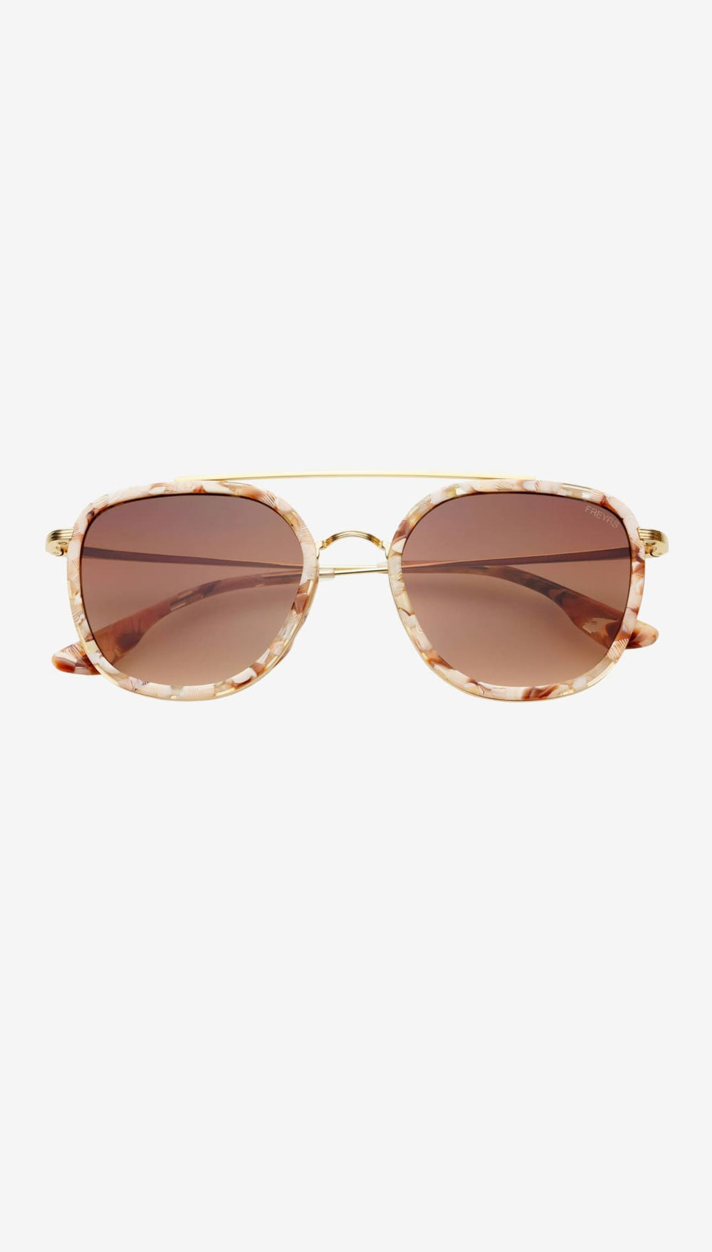 These are tortoiseshell-patterned aviator sunglasses with gold-tone metal frames and gradient brown lenses.