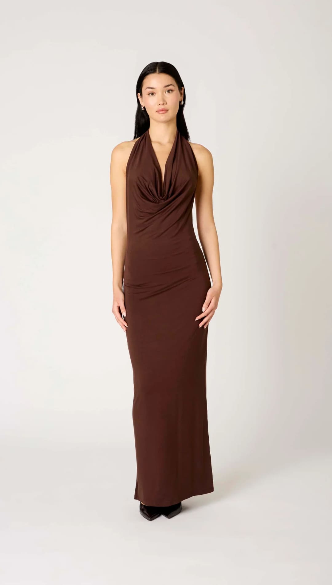 Brown draped halter neck maxi dress with a sleek, elegant design.
