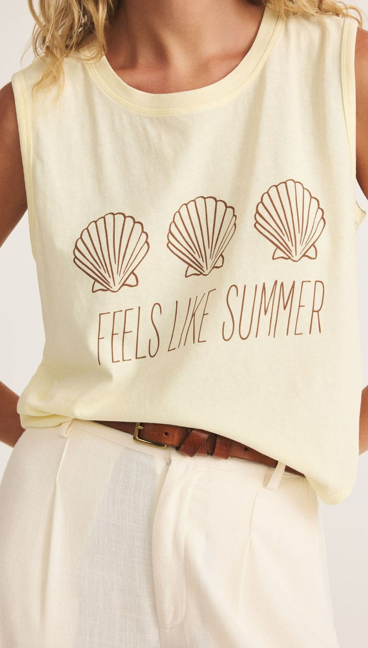 Yellow tank top with seashell graphic.