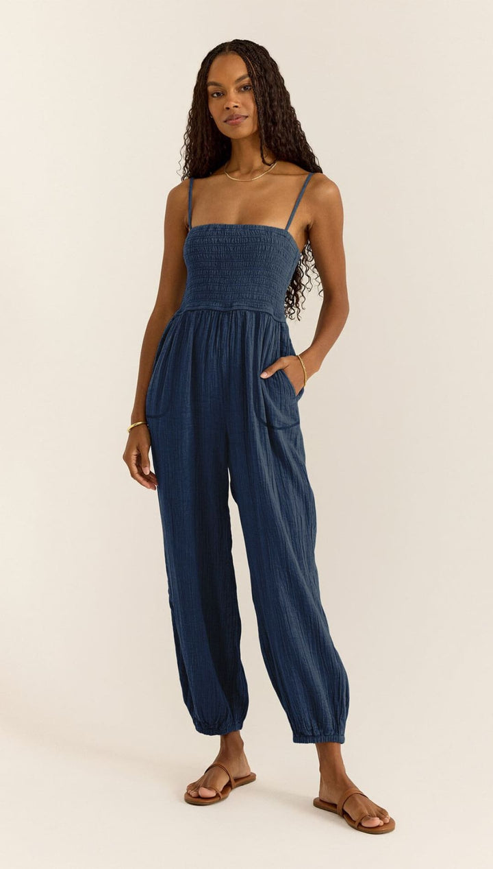 Navy blue smocked jumpsuit.