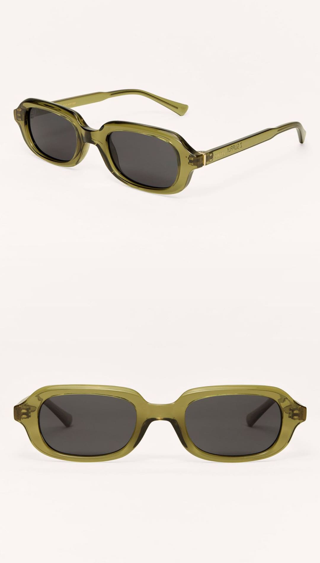 Olive green sunglasses with rectangular frames and dark lenses.