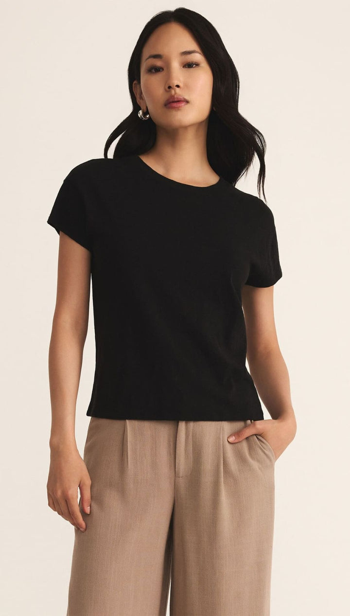 Black short-sleeved t-shirt with a relaxed fit and round neckline.