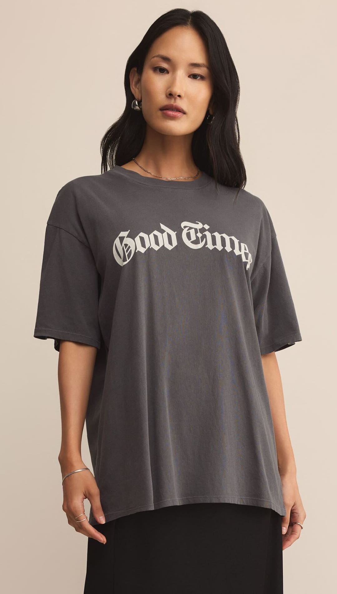 Charcoal gray oversized t-shirt with ’Good Times’ in white script.